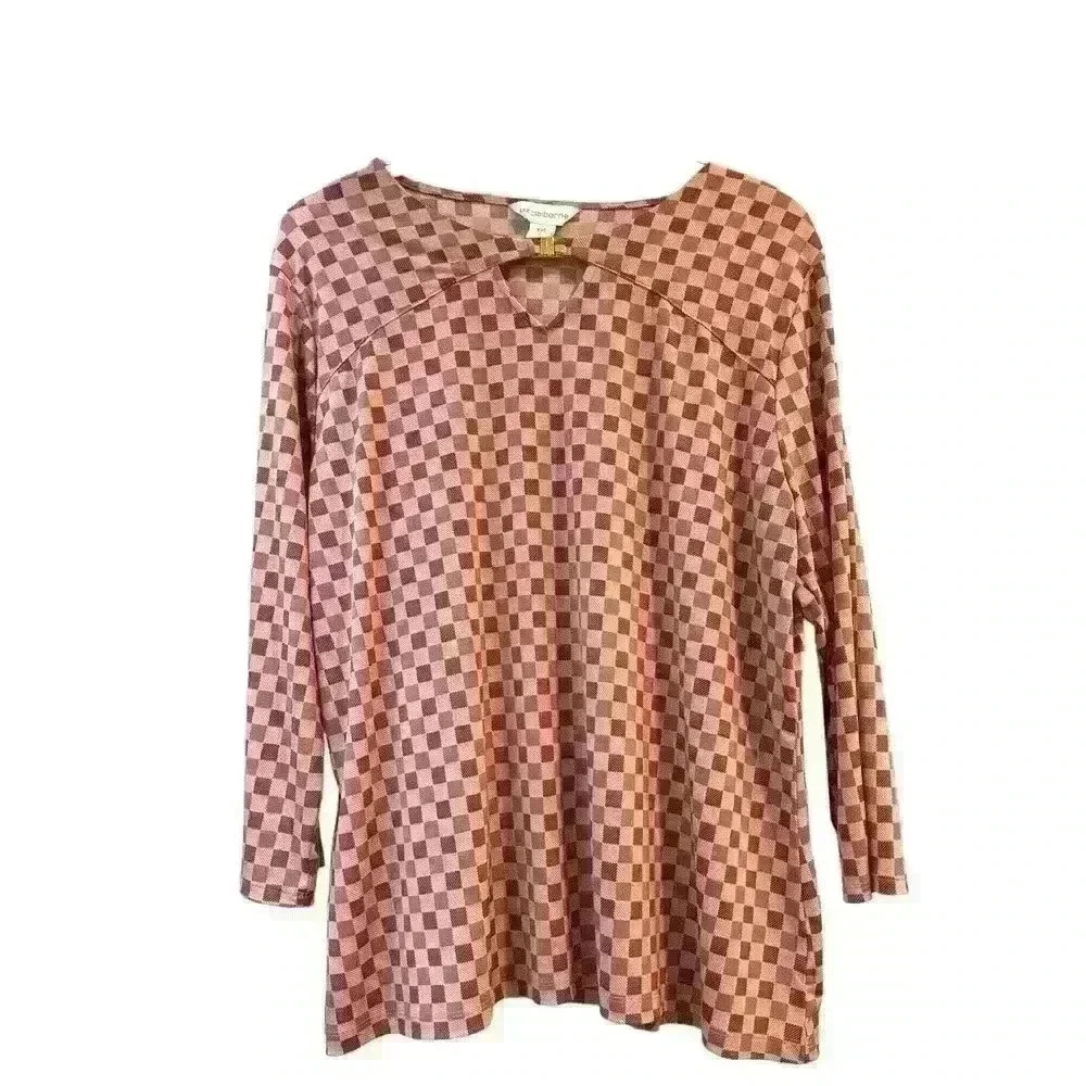Liz Claiborne Raspberry &‎ Lilac Check Stretch Blouse Gold Clasp XXL Office Core